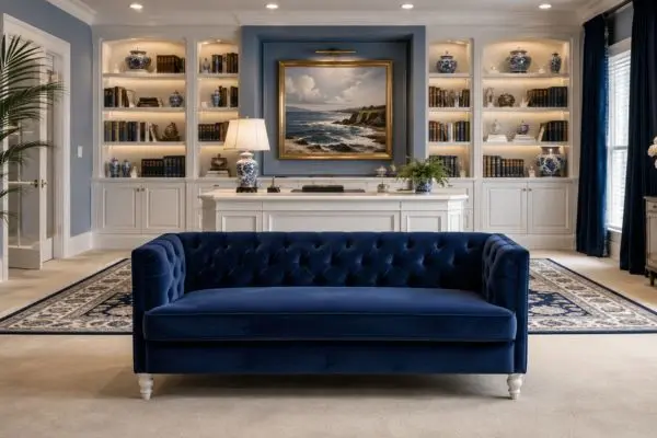 Premium navy blue tufted velvet seating inside a coastal style luxury office with white wooden cabinetry.