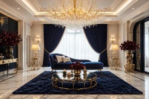 A luxury navy blue small chaise sofa in a royal living room design.