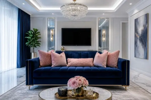 Elegant modern navy blue velvet sofa styled with soft pink throw pillows