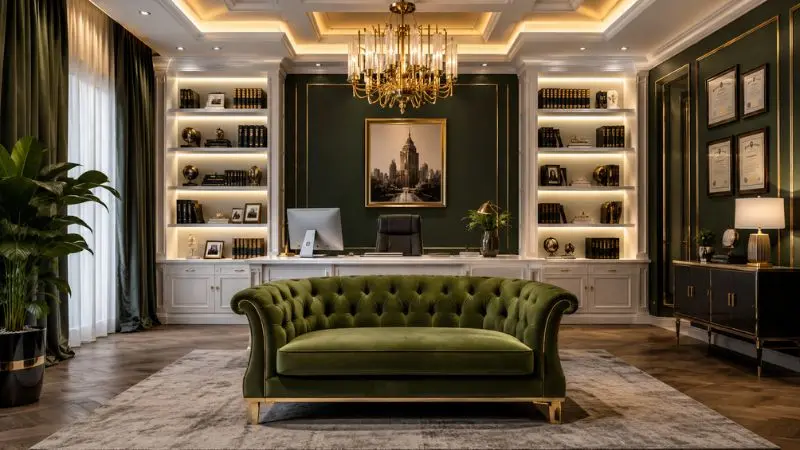Luxury olive green small office couch in a modern executive workspace layout.