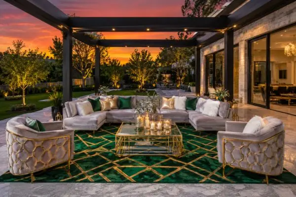 Comfortable light grey velvet couches and a luxury emerald green geometric rug on an outdoor patio during sunset.