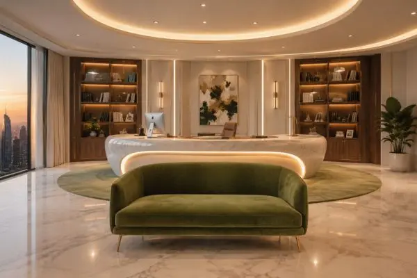 Luxurious olive green velvet seating inside a modern penthouse workspace with a sunset city skyline view.