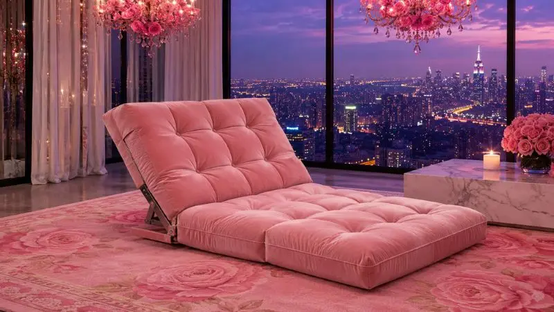 Adjustable pink lazy floor sofa on a luxury floral carpet in a penthouse.