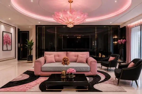 Silver grey quilted mat on a pink luxury velvet loveseat couch