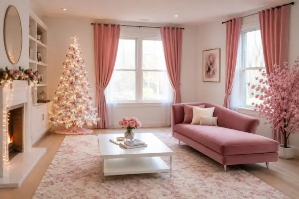 A dusty rose couch in a cozy living room with a pink Christmas tree decoration.
