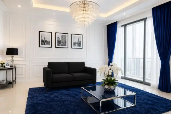 Compact small black fabric sofa in a luxury royal blue and white apartment living room.