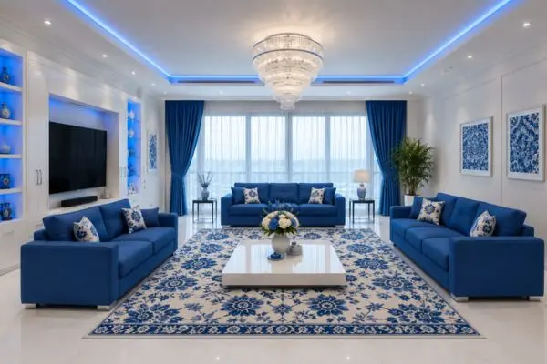 Multiple modern pure blue sofas arranged neatly in a bright luxury living room.