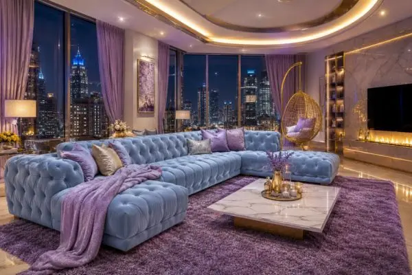 Luxury velvet light blue sectional sofa in a modern penthouse setup