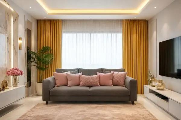 Modern charcoal grey sofa styled with bright pink throw pillows in a luxury living room