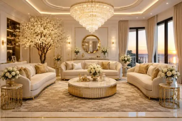 A luxurious cream and gold modern sofa set layout inside a premium living room with a large crystal chandelier.