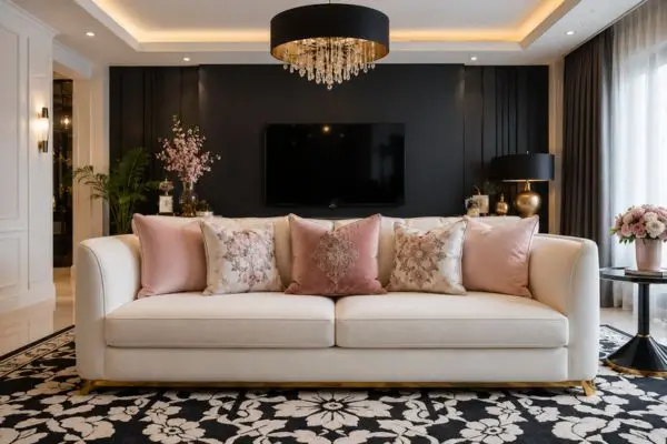 Modern white sofa styled with luxury textured and patterned pink throw pillows