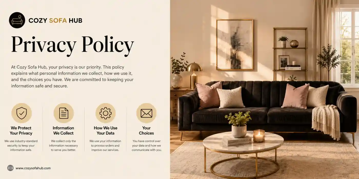 Cozy Sofa Hub Privacy Policy banner with logo and cozy living room sofa