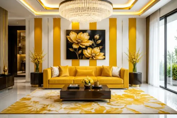 Vibrant premium interior seating option centered on a white and mustard striped accent wall