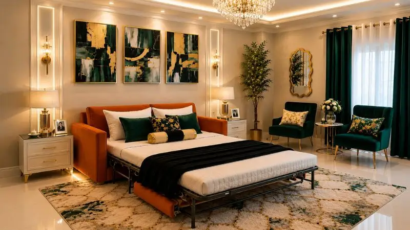 Orange pull out sofa bed in a luxury room setup.