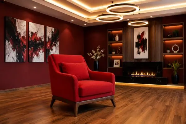 Clean red accent chair with a premium wooden frame base in a modern luxury living room.