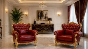 Two luxury red leather single sofas with gold frames in a modern living room.