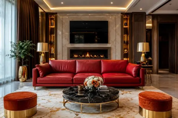 Luxury crimson seating centerpiece arranged in a modern living room featuring an elegant fireplace.