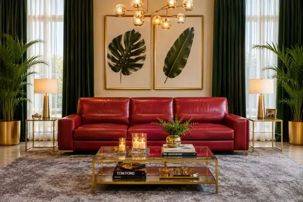 Immaculate crimson furniture item perfectly polished in a upscale lounge featuring large botanical framed art pieces.