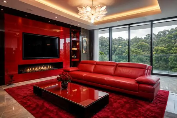Premium red leather sofa showcasing high quality material in a modern luxury penthouse.