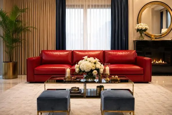 Luxury crimson couch clashing with blue velvet stools and curtains in a modern lounge area.