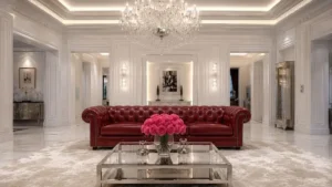 Premium red leather Chesterfield sofa in a luxury white living room interior.