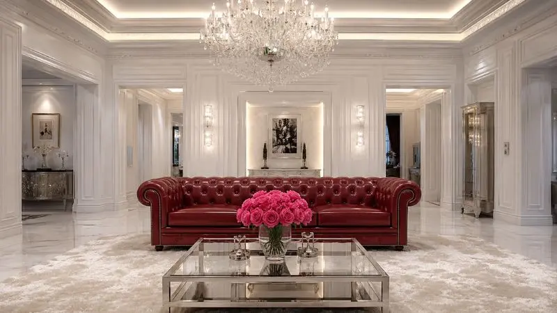 Premium red leather Chesterfield sofa in a luxury white living room interior.