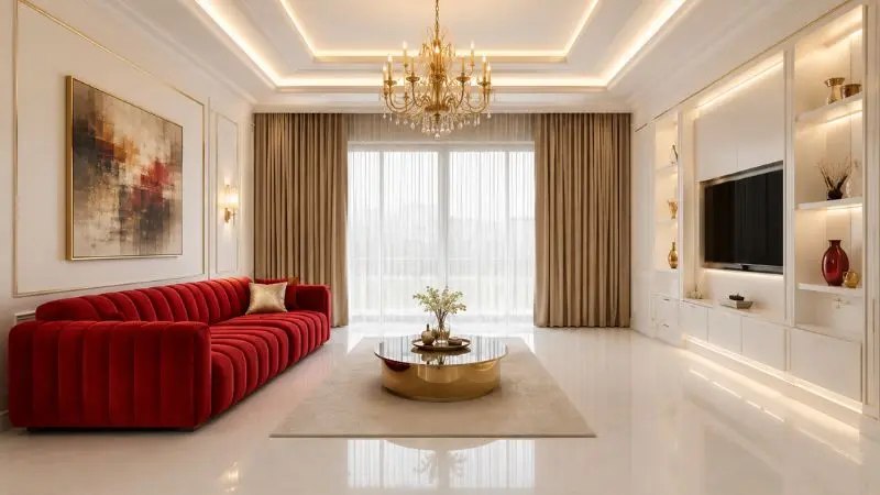 A premium red velvet sofa in a modern luxury living room with white marble floors.