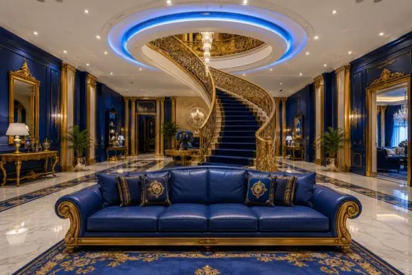 A spotless royal blue leather sofa without any stains in a luxury gold mansion.
