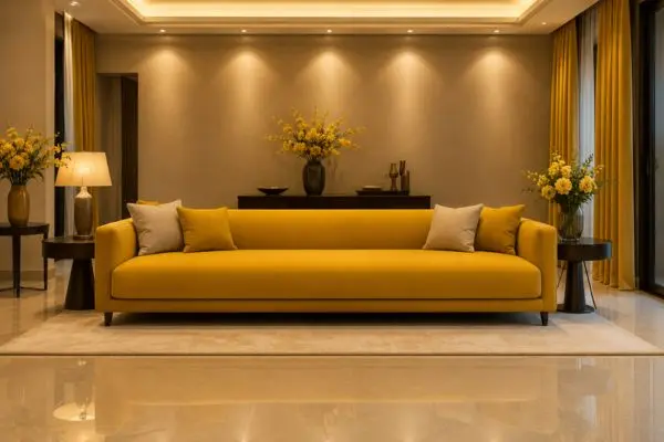 A long seamless yellow bench-seat couch placed in a modern luxury living room with warm spotlighting.