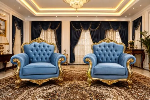 Two royal blue single sofas with carved gold frames on a luxury patterned carpet.