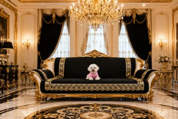 Cute white puppy wearing a pink sweater on a black and gold royal sofa cover for dogs.