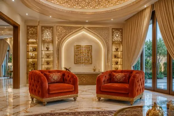 Two rust orange velvet single sofas with gold trims in a luxury Arabic interior lounge.