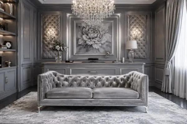Premium silver tufted velvet seating inside a luxurious monochromatic grey executive office interior.