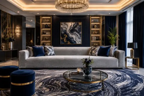 Sleek silver-gray single cushion sofa in a luxury modern navy blue and gold living room