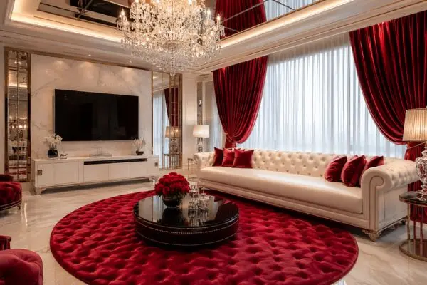 Premium white leather couch in a luxury royal red living room setup