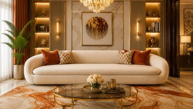 Modern single cushion sofa in a luxury living room with gold accents and orange pillows