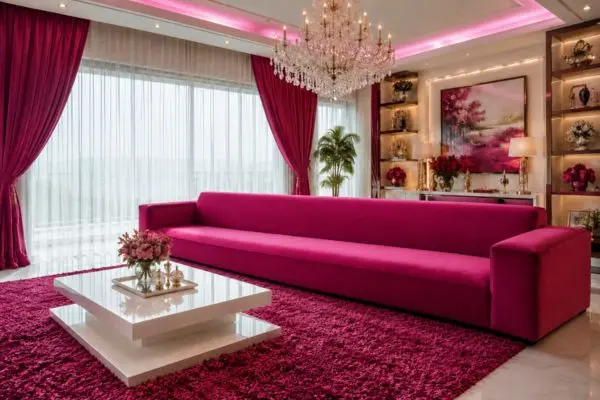 Modern magenta pink single cushion velvet sofa in a luxury bright living room