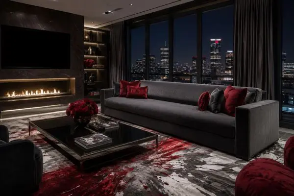 Modern straight charcoal gray single cushion sofa in a luxury dark penthouse living room