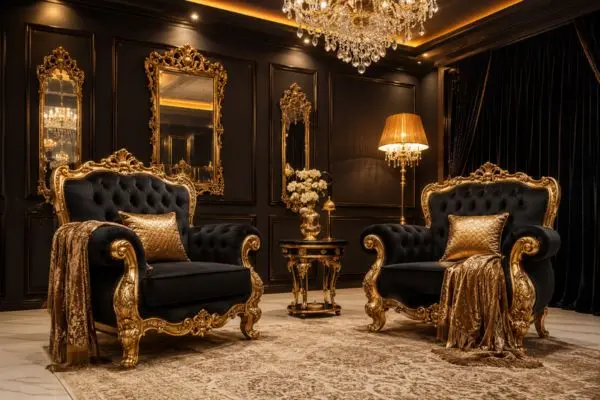 Two black velvet luxury chairs with gold throw blankets and pillows in a dramatic interior.