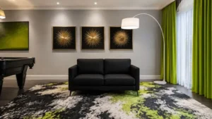 Modern small black sofa design in a luxury grey and lime green living room.