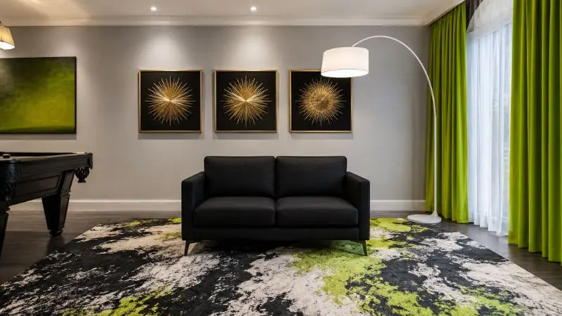 Modern small black sofa design in a luxury grey and lime green living room.