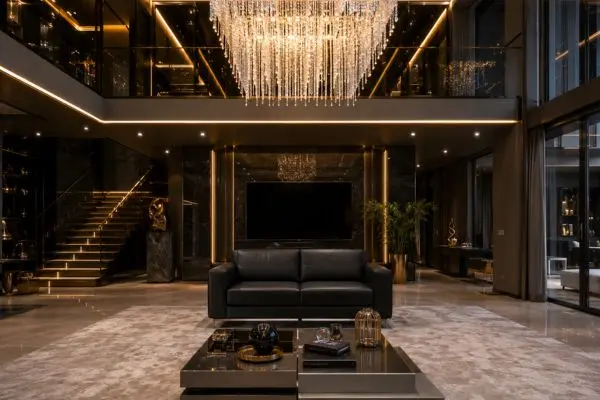 Sleek small black leather sofa in an ultra-luxury double-height penthouse living room.