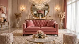 Luxury dusty rose small loveseat sofa in a modern pink and gold living room setup.