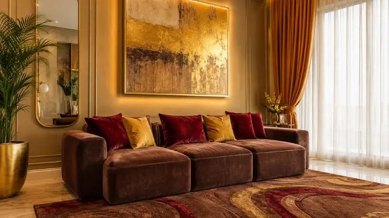 A luxury chocolate brown small modular sofa in a warm golden-lit modern living room.