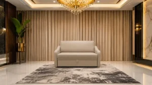 Modern beige small pull out sofa design in a luxury living room.
