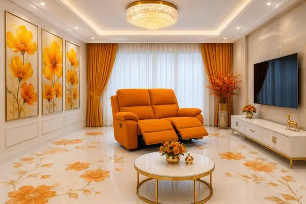 Bright orange adjustable velvet couch with open footrests styled in a luxury white marble living room.