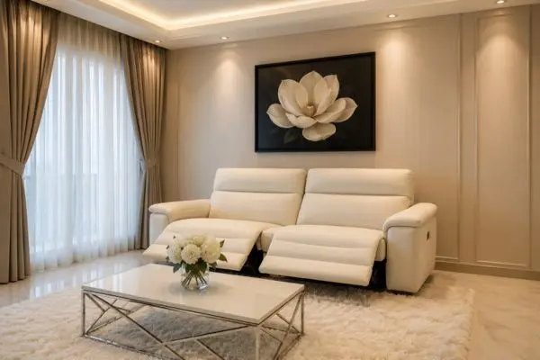 Cream leather adjustable lounge couch with open footrests styled below a flower wall art frame.