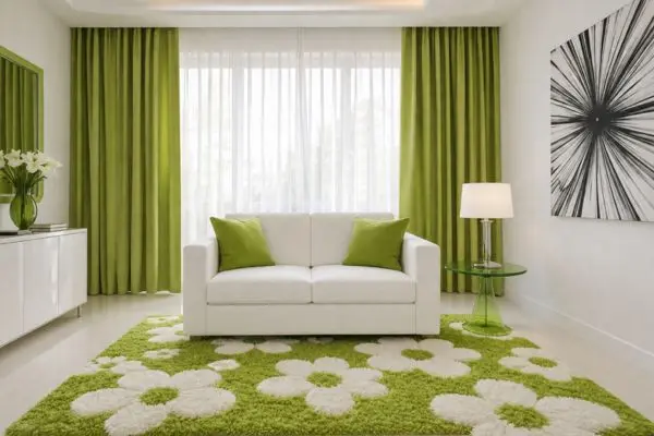 A compact small white two-seater loveseat sofa on a green and white floral rug.
