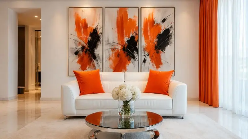 Small white leather loveseat sofa in a modern living room with orange decor accent frames.
