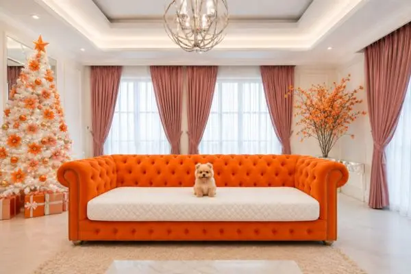 Fluffy small dog sitting on a protective white quilted mat over an orange tufted chesterfield sofa